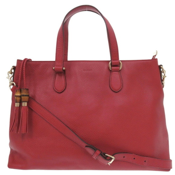 GUCCI Red Leather Bamboo Bag - Picture 2 of 9